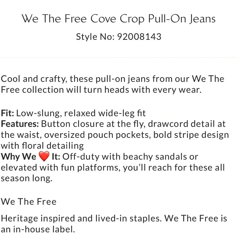 Free People We The Free Cove Crop Pull-On Jeans Size 28 NWT